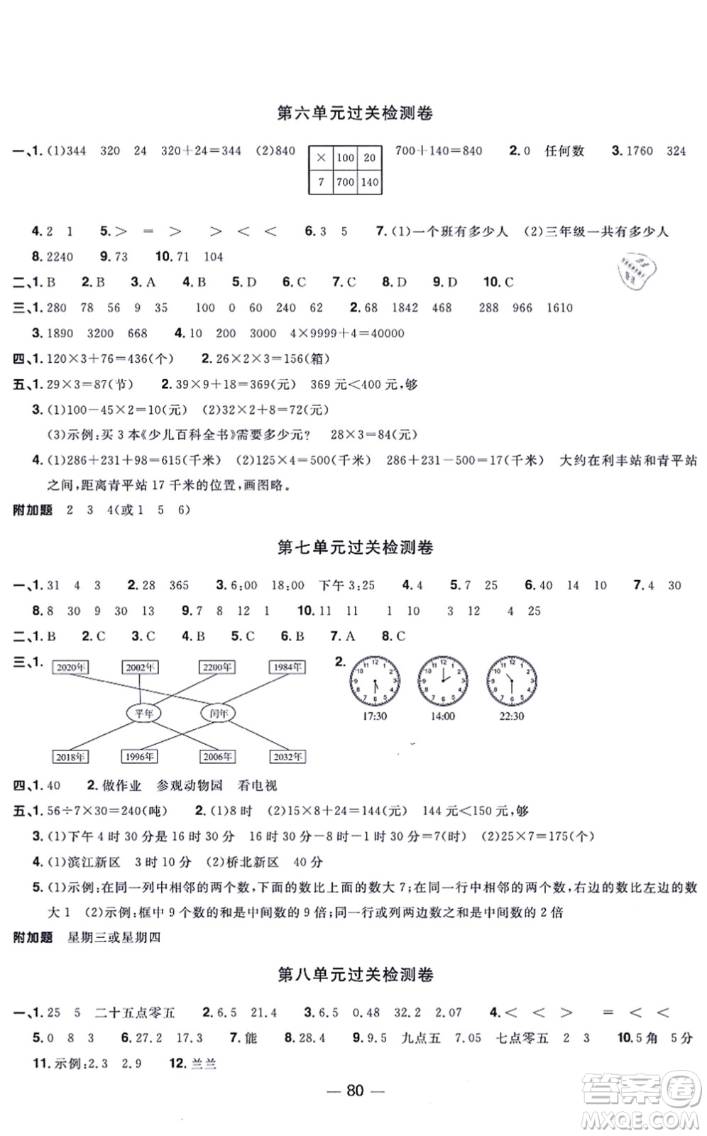 江西教育出版社2021陽(yáng)光同學(xué)一線名師全優(yōu)好卷三年級(jí)數(shù)學(xué)上冊(cè)BS北師版福建專版答案