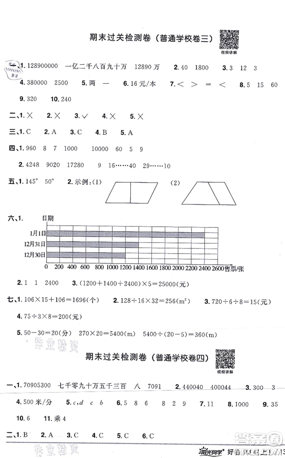 江西教育出版社2021陽光同學一線名師全優(yōu)好卷四年級數學上冊RJ人教版答案