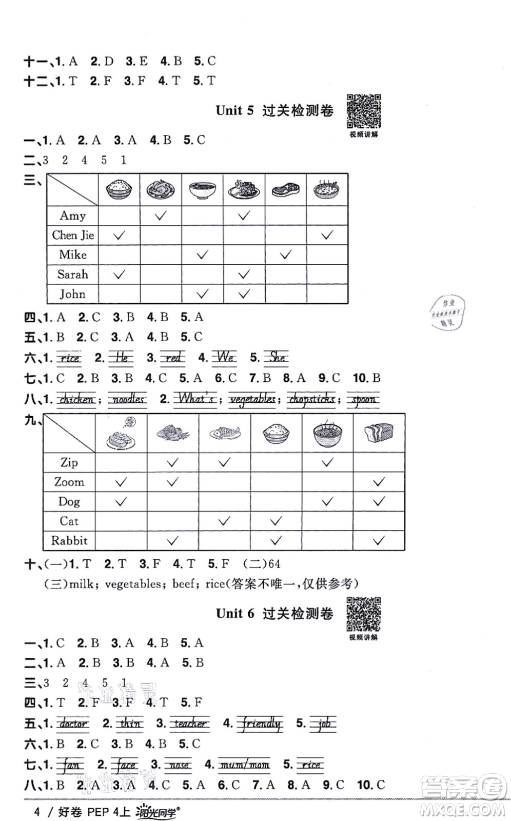 江西教育出版社2021陽光同學(xué)一線名師全優(yōu)好卷四年級英語上冊PEP版答案