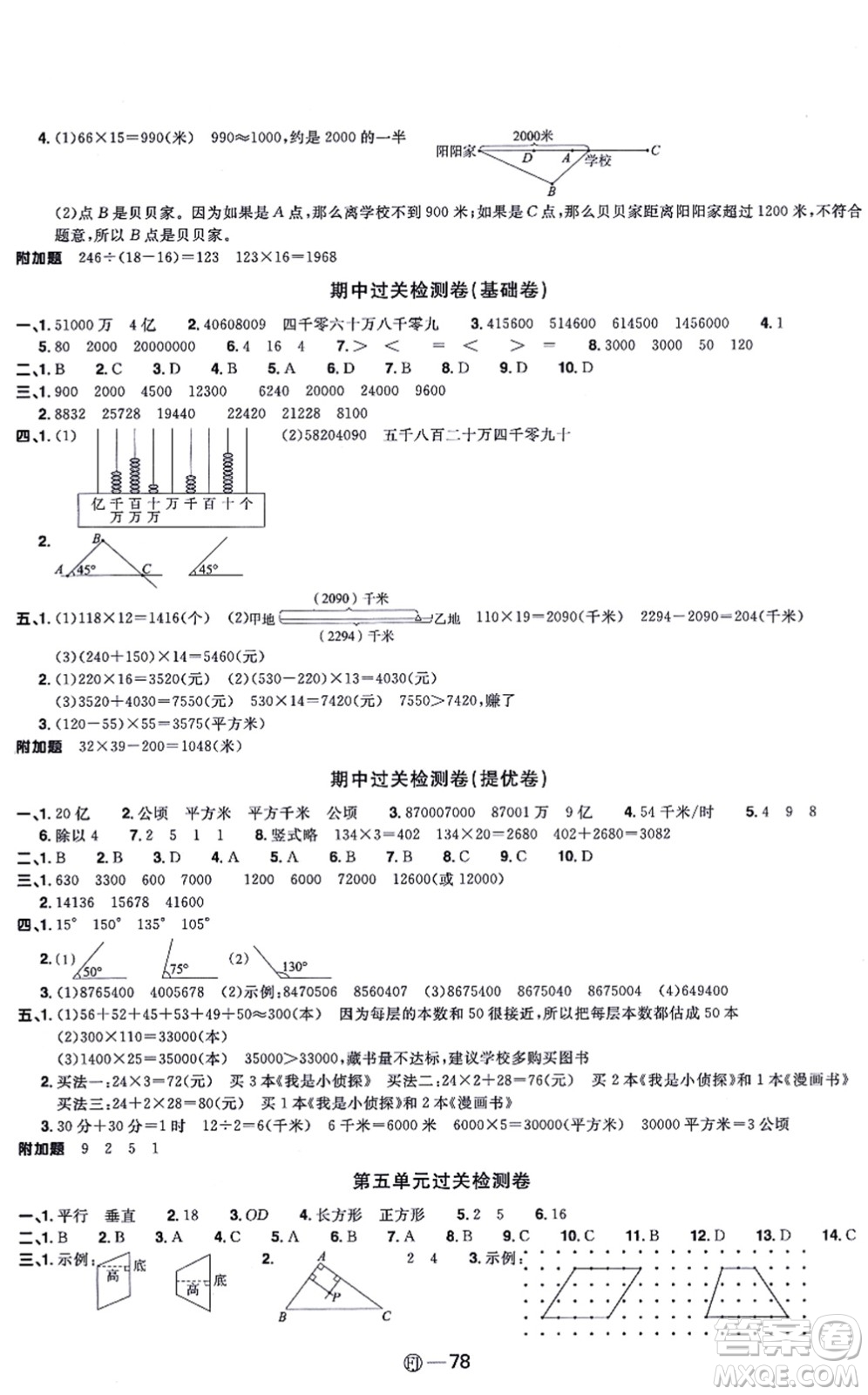 福建少年兒童出版社2021陽光同學(xué)一線名師全優(yōu)好卷四年級數(shù)學(xué)上冊RJ人教版福建專版答案