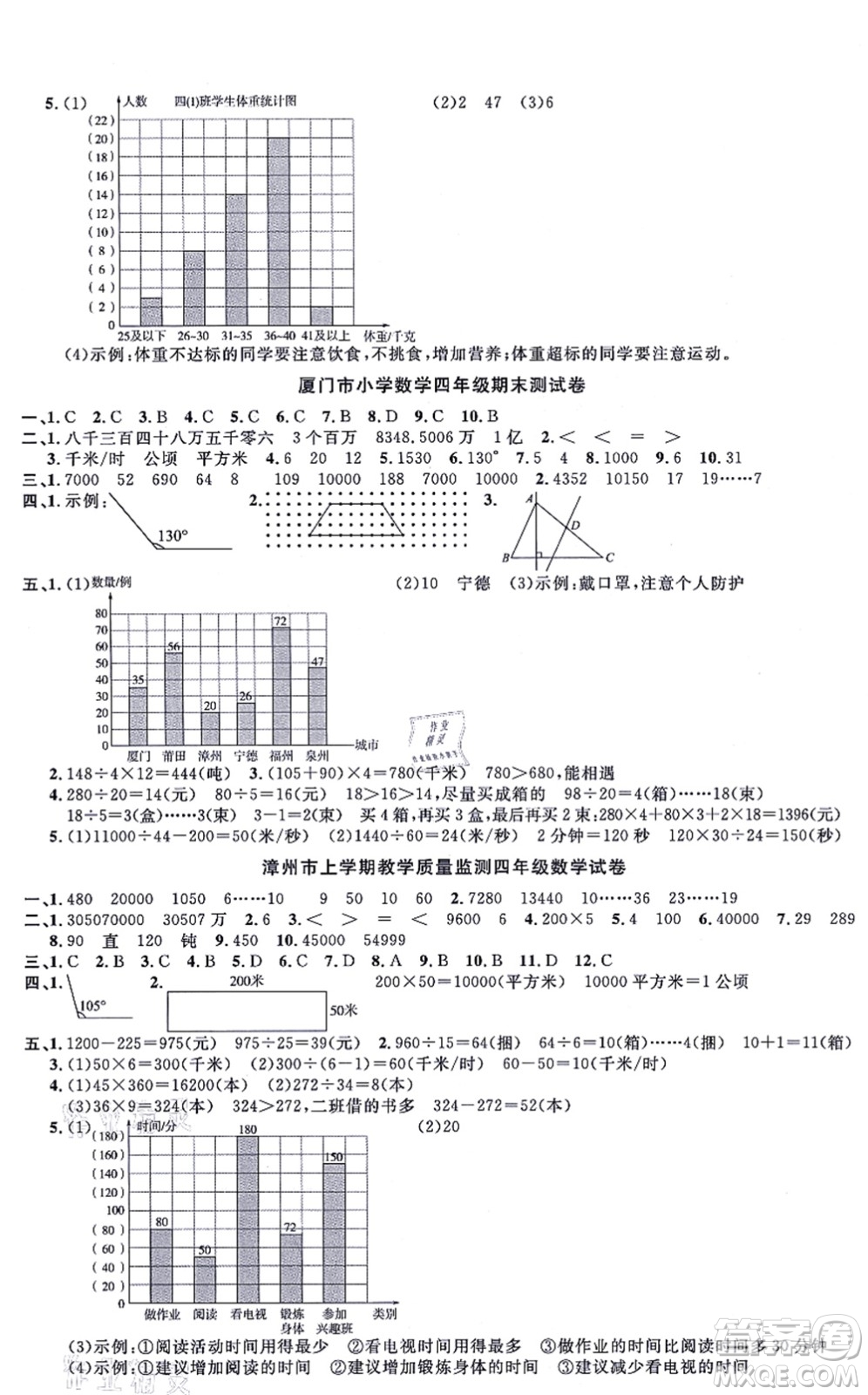 福建少年兒童出版社2021陽光同學(xué)一線名師全優(yōu)好卷四年級數(shù)學(xué)上冊RJ人教版福建專版答案