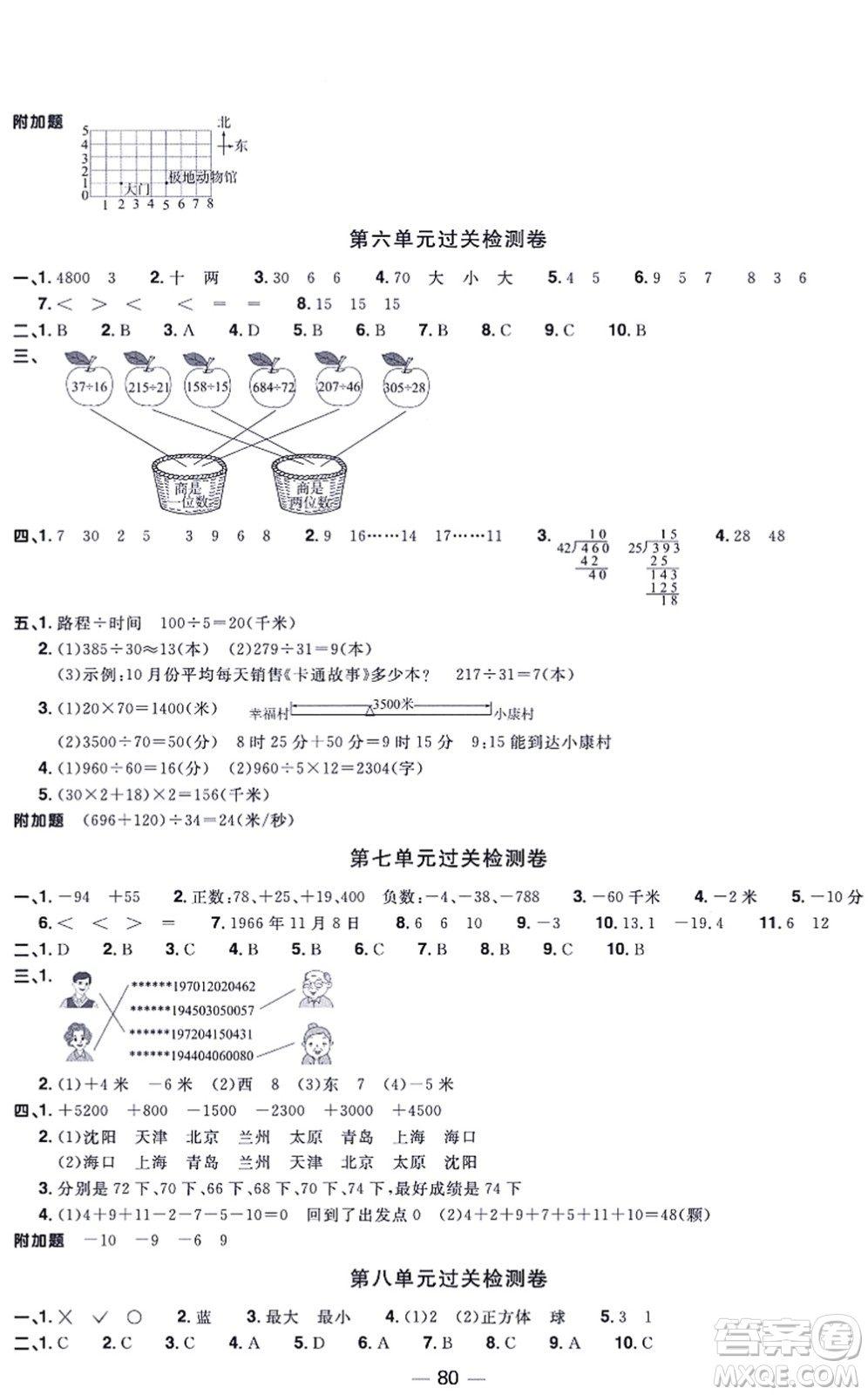 江西教育出版社2021陽光同學(xué)一線名師全優(yōu)好卷四年級(jí)數(shù)學(xué)上冊(cè)BS北師版福建專版答案