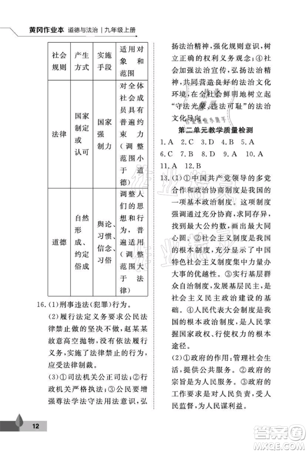 武漢大學(xué)出版社2021黃岡作業(yè)本九年級(jí)道德與法治上冊(cè)人教版參考答案