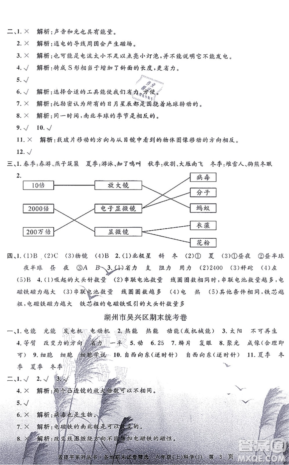 浙江工商大學(xué)出版社2021孟建平各地期末試卷精選六年級(jí)科學(xué)上冊(cè)J教科版答案