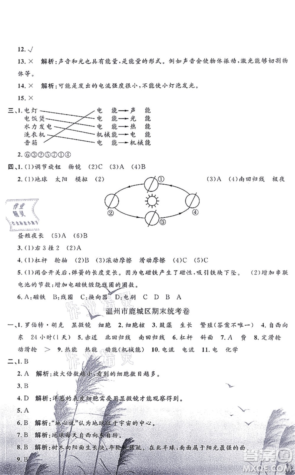 浙江工商大學(xué)出版社2021孟建平各地期末試卷精選六年級(jí)科學(xué)上冊(cè)J教科版答案