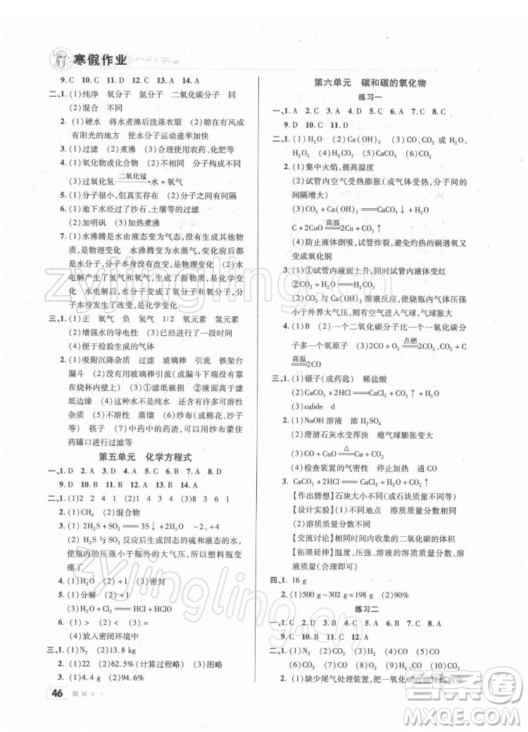 北京教育出版社2022年寒假作業(yè)九年級化學通用版參考答案