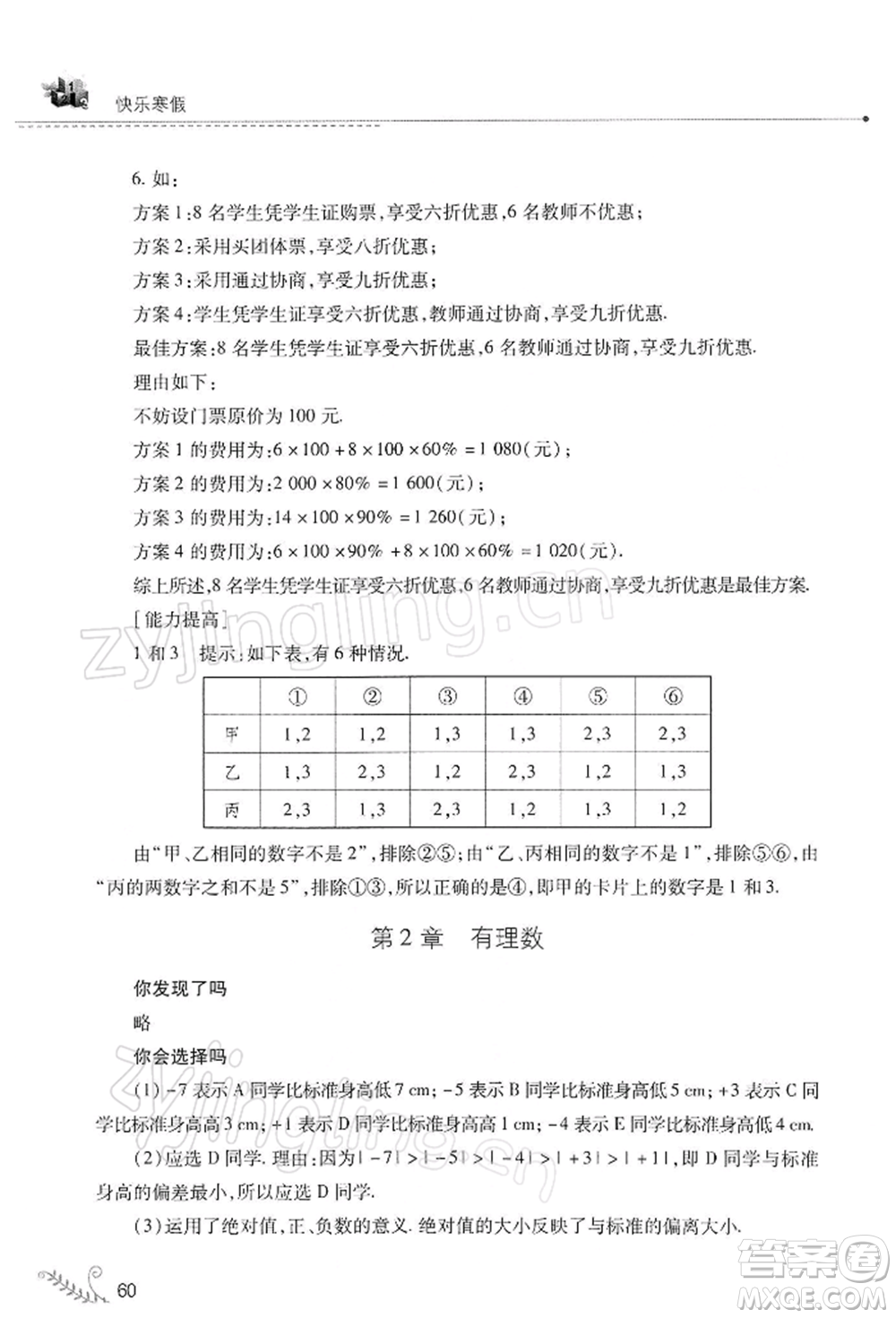 山西教育出版社2022快樂(lè)寒假七年級(jí)數(shù)學(xué)華東師大版參考答案