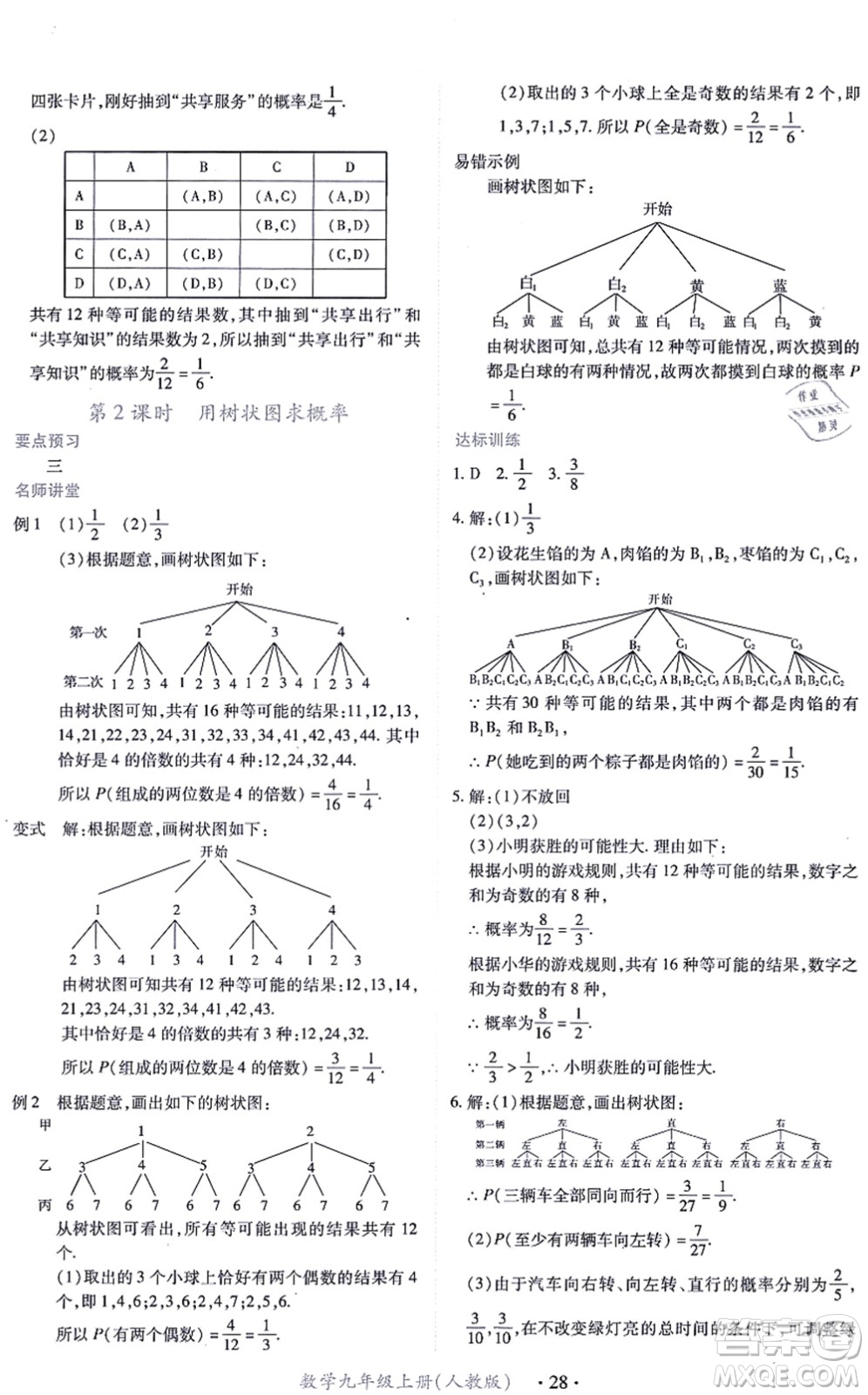 江西人民出版社2021一課一練創(chuàng)新練習(xí)九年級數(shù)學(xué)上冊人教版答案