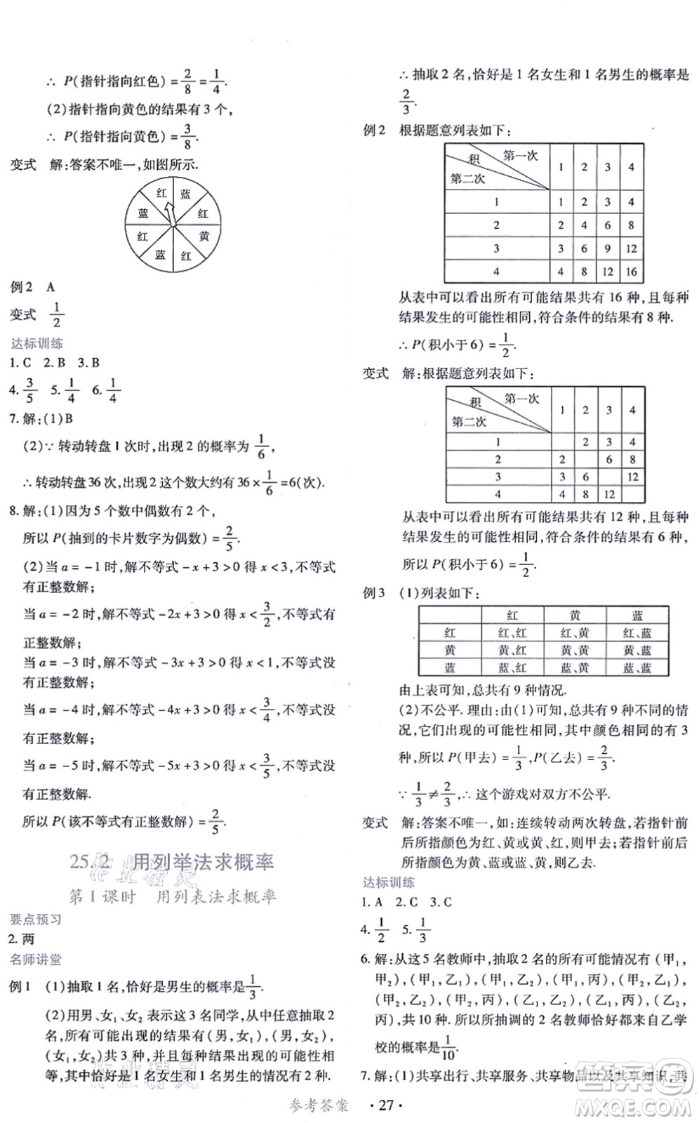 江西人民出版社2021一課一練創(chuàng)新練習(xí)九年級數(shù)學(xué)上冊人教版答案