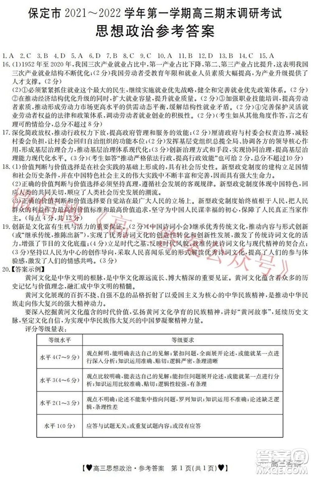 保定市2021-2022學(xué)年第一學(xué)期高三期末調(diào)研考試思想政治試題及答案