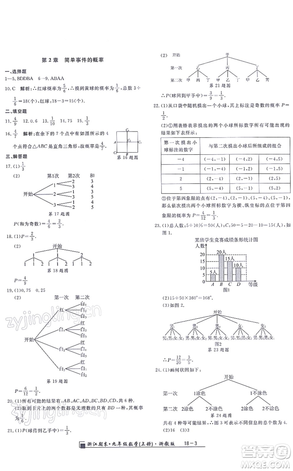 延邊人民出版社2021浙江期末九年級數(shù)學(xué)上冊浙教版答案