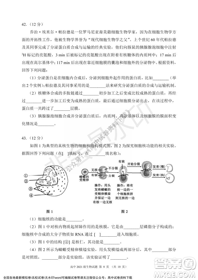 蓉城名校聯(lián)盟2021-2022學(xué)年度上期高中2021級期末聯(lián)考生物試題及答案