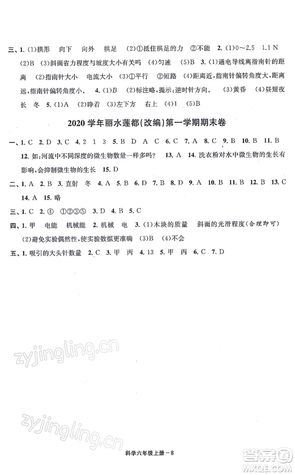 寧波出版社2021浙江各地期末迎考卷六年級科學(xué)上冊J教科版答案