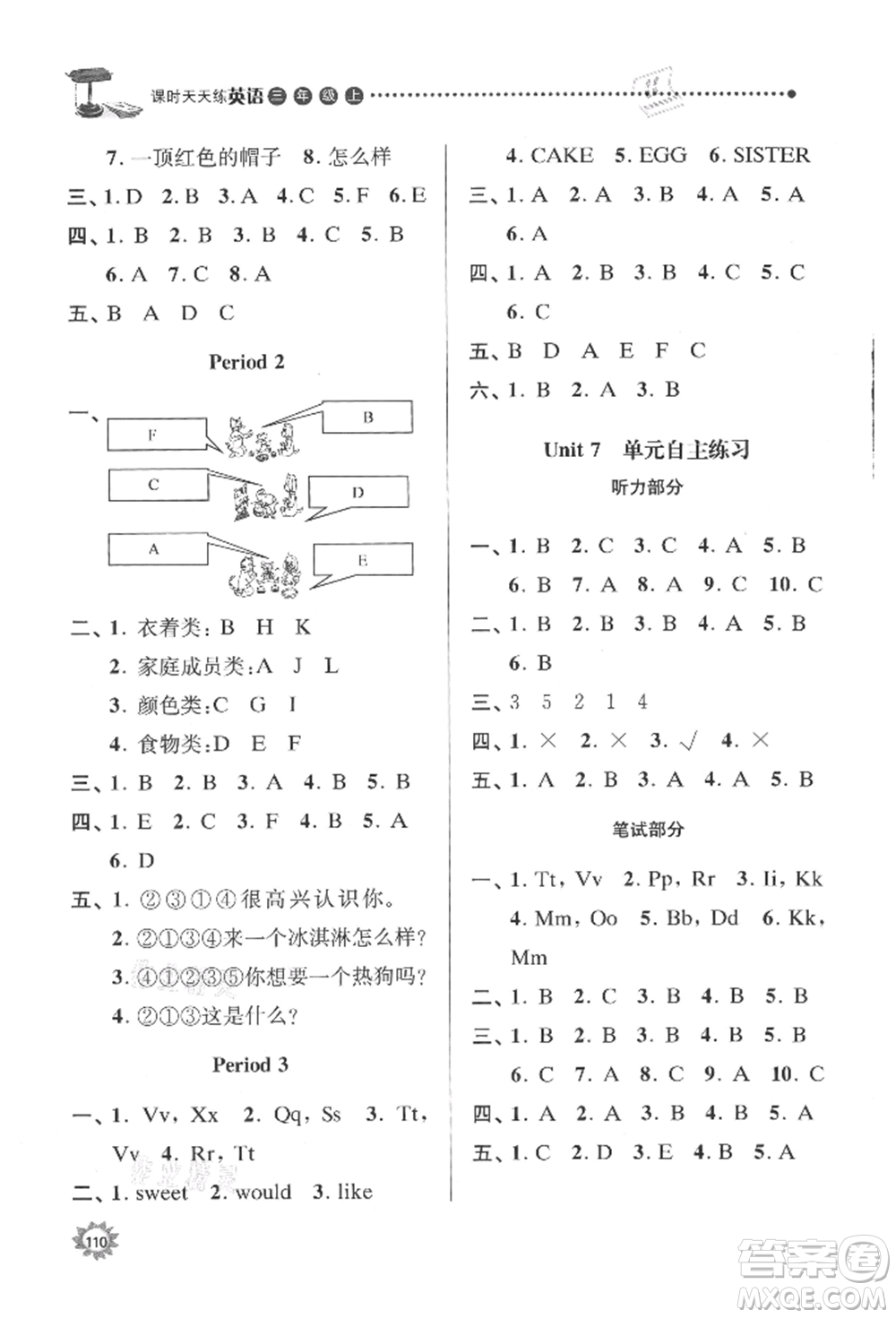 南京大學(xué)出版社2021課時天天練三年級英語上冊譯林版參考答案