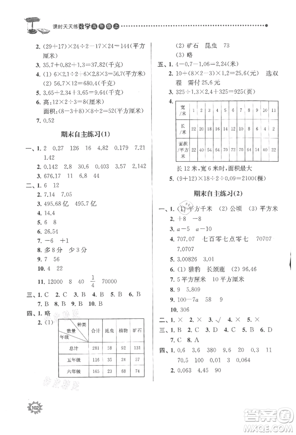 南京大學(xué)出版社2021課時(shí)天天練五年級數(shù)學(xué)上冊蘇教版參考答案