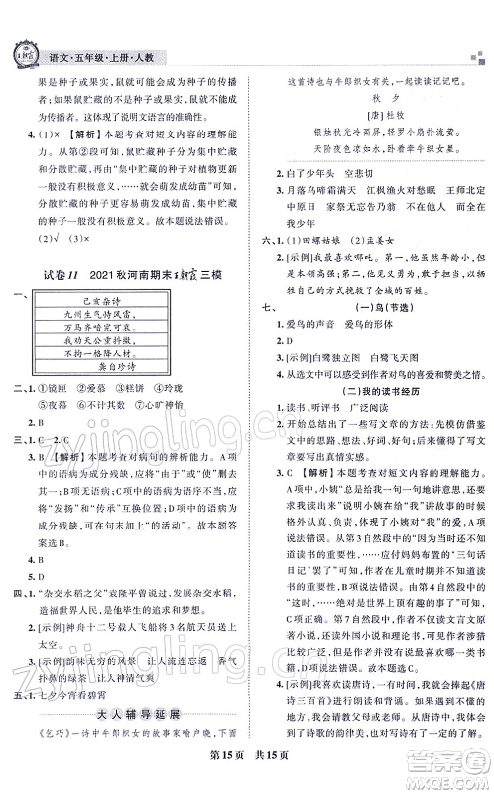 江西人民出版社2021王朝霞各地期末試卷精選五年級語文上冊RJ人教版河南專版答案