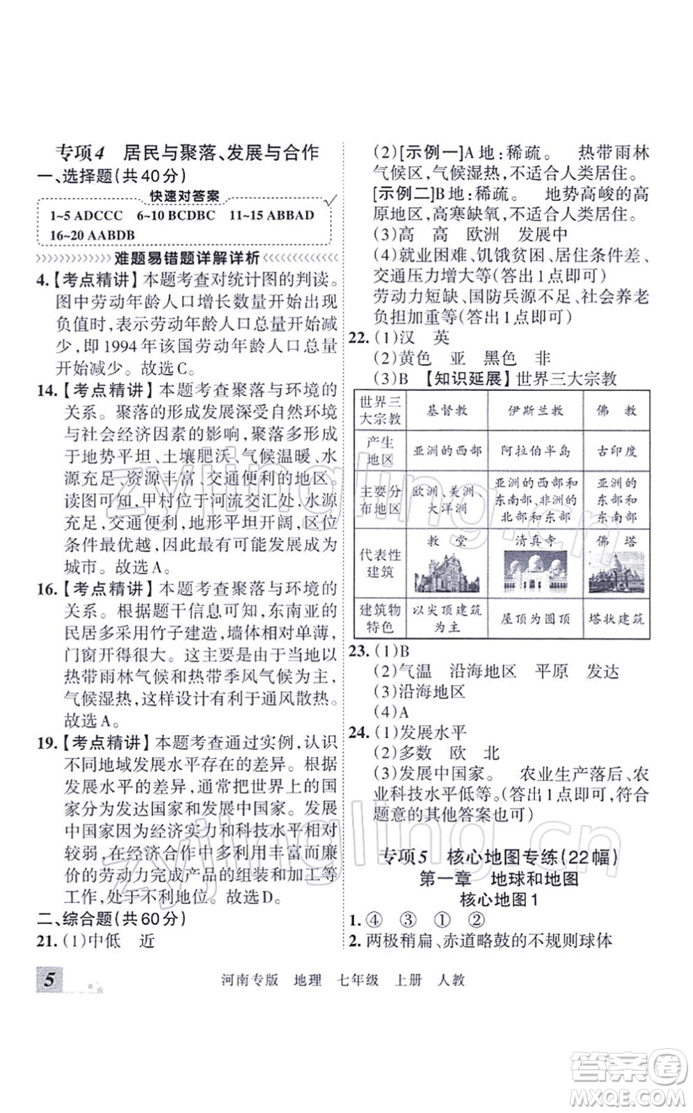 江西人民出版社2021王朝霞各地期末試卷精選七年級地理上冊RJ人教版河南專版答案