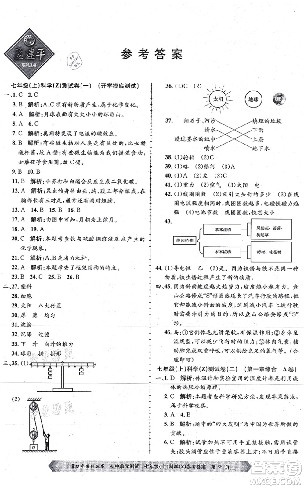 浙江工商大學(xué)出版社2021孟建平初中單元測(cè)試七年級(jí)科學(xué)上冊(cè)Z浙教版答案