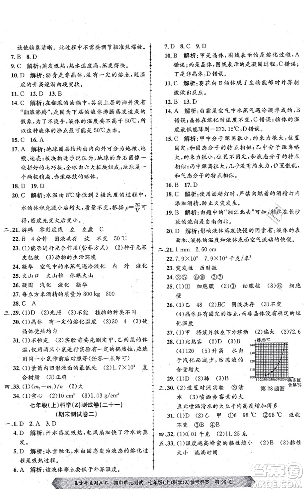 浙江工商大學(xué)出版社2021孟建平初中單元測(cè)試七年級(jí)科學(xué)上冊(cè)Z浙教版答案