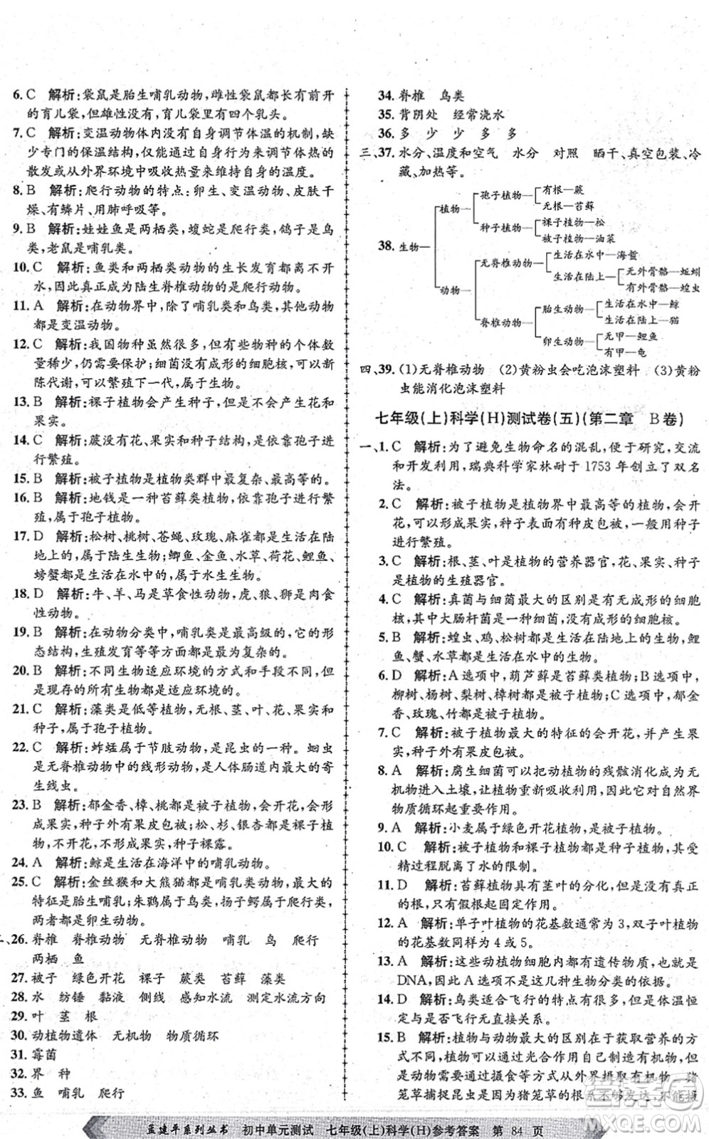 浙江工商大學出版社2021孟建平初中單元測試七年級科學上冊H華師版答案