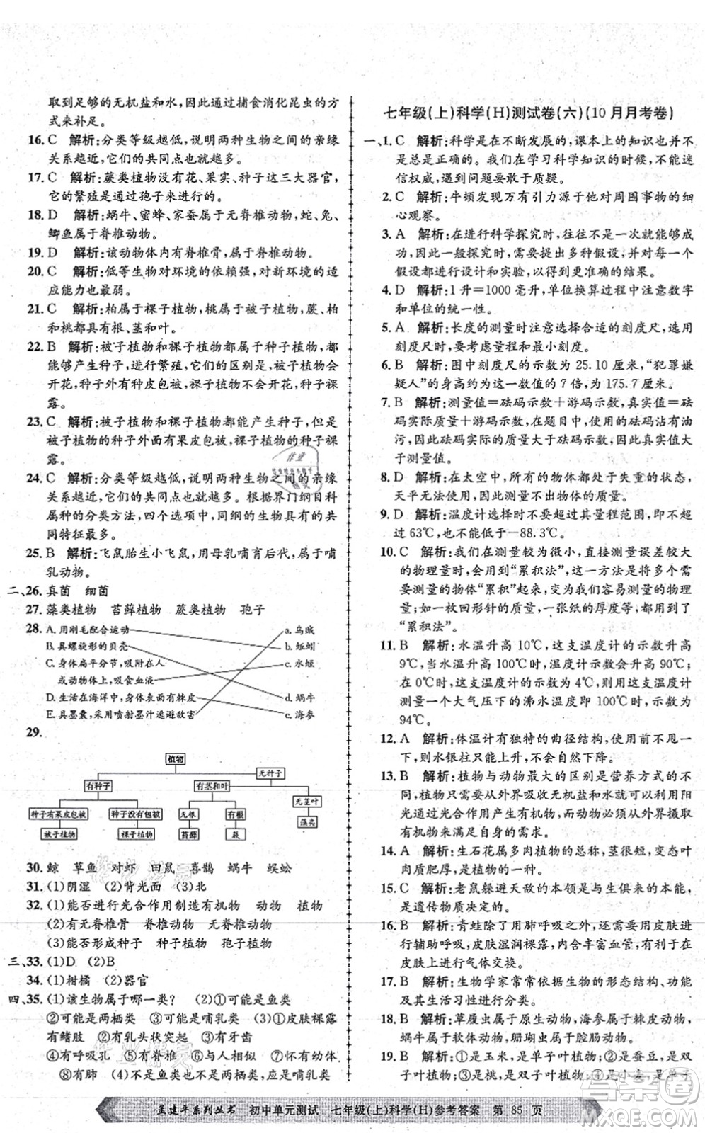 浙江工商大學出版社2021孟建平初中單元測試七年級科學上冊H華師版答案