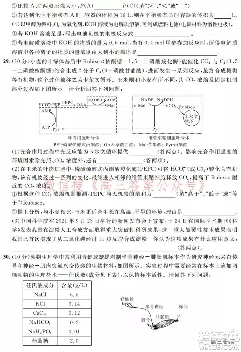 安徽省示范高中2021年冬季聯(lián)賽高三理科綜合試題及答案