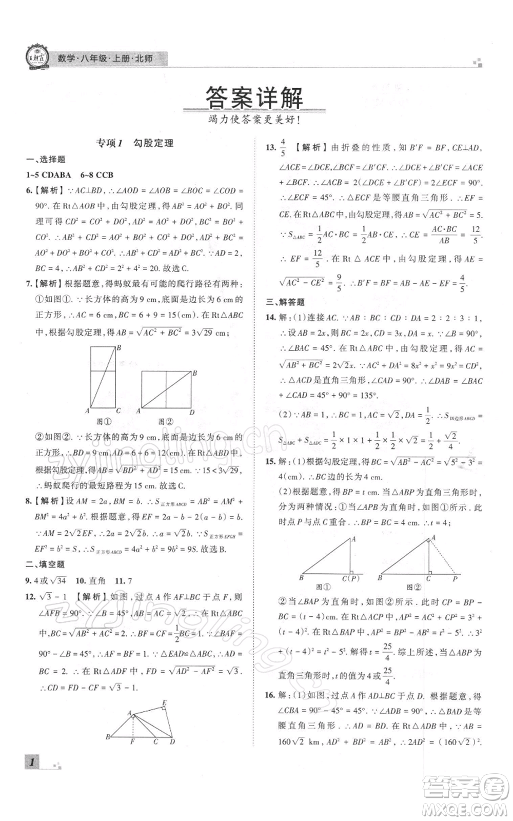 江西人民出版社2021秋季王朝霞期末真題精編八年級數(shù)學(xué)上冊北師大版鄭州專版參考答案