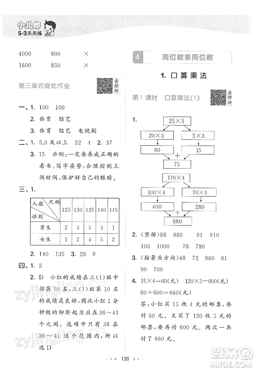 教育科學(xué)出版社2022春季53天天練三年級數(shù)學(xué)下冊RJ人教版答案