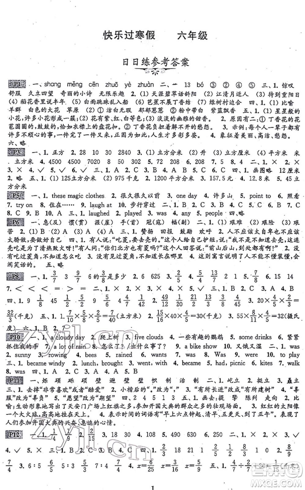 江蘇鳳凰科學(xué)技術(shù)出版社2022快樂過寒假六年級合訂本通用版答案