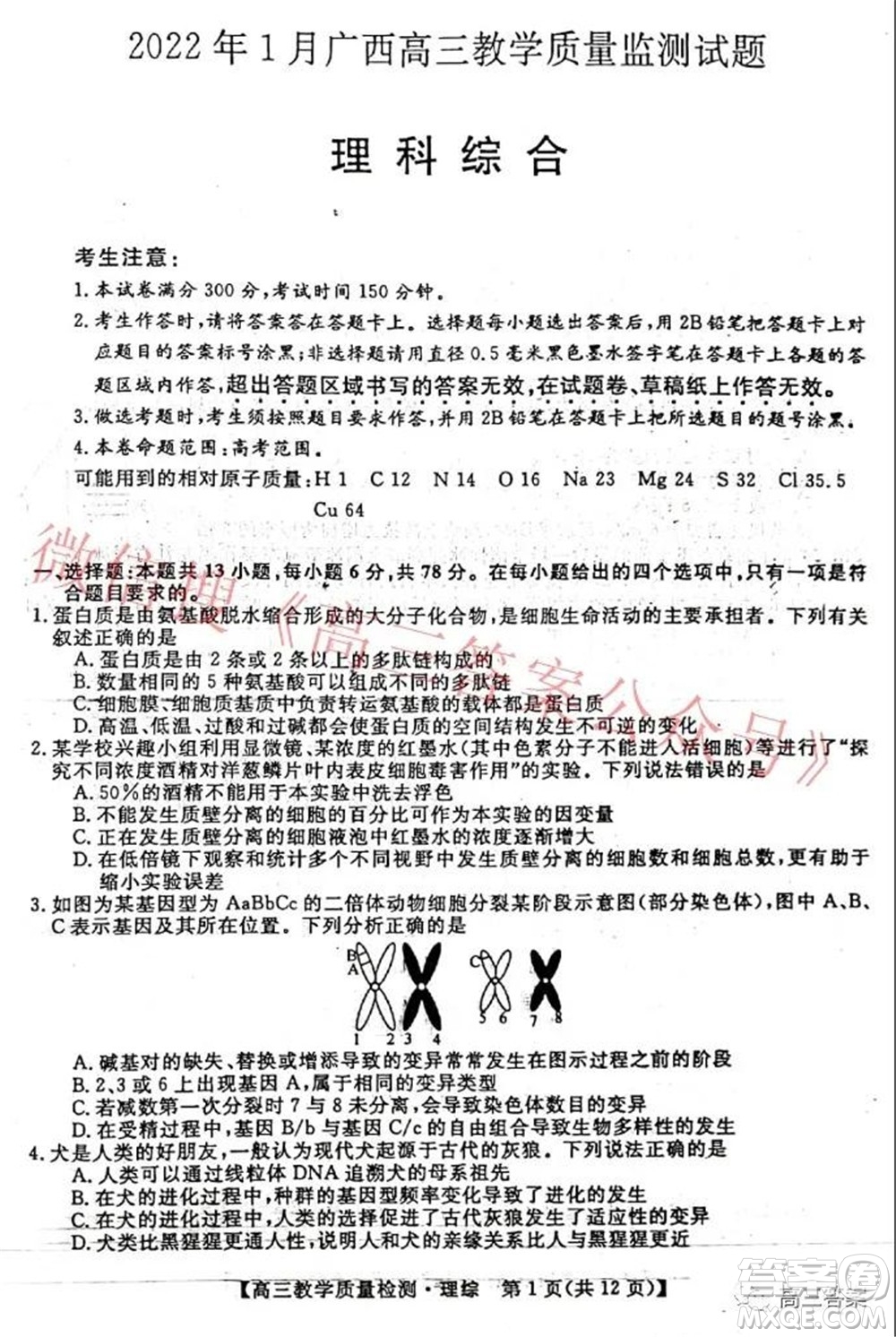 2022年1月廣西高三教學(xué)質(zhì)量監(jiān)測(cè)試題理科綜合試題及答案