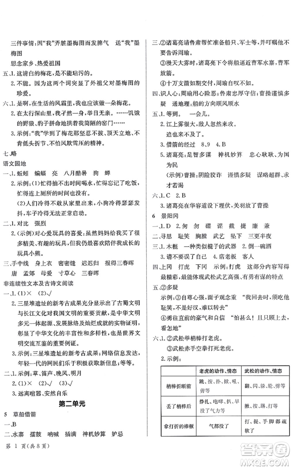 龍門書局2022黃岡小狀元作業(yè)本五年級語文下冊R人教版答案