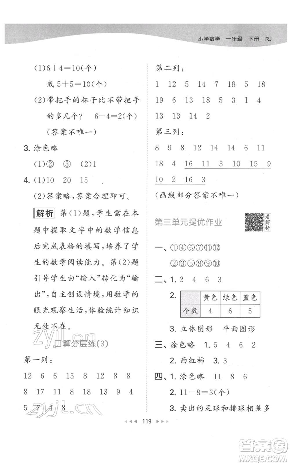 教育科學(xué)出版社2022春季53天天練一年級(jí)數(shù)學(xué)下冊(cè)人教版參考答案