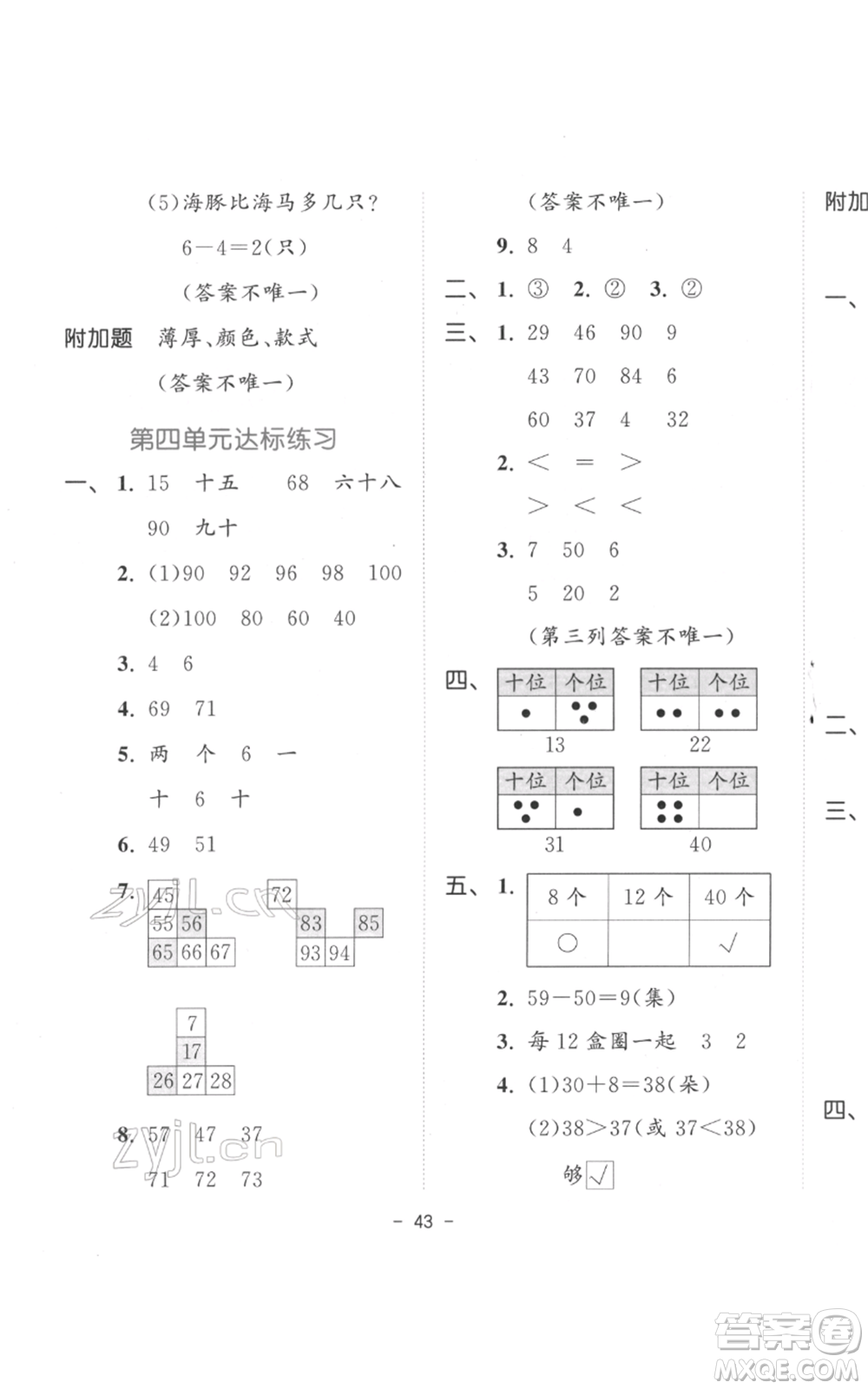 教育科學(xué)出版社2022春季53天天練一年級(jí)數(shù)學(xué)下冊(cè)人教版參考答案