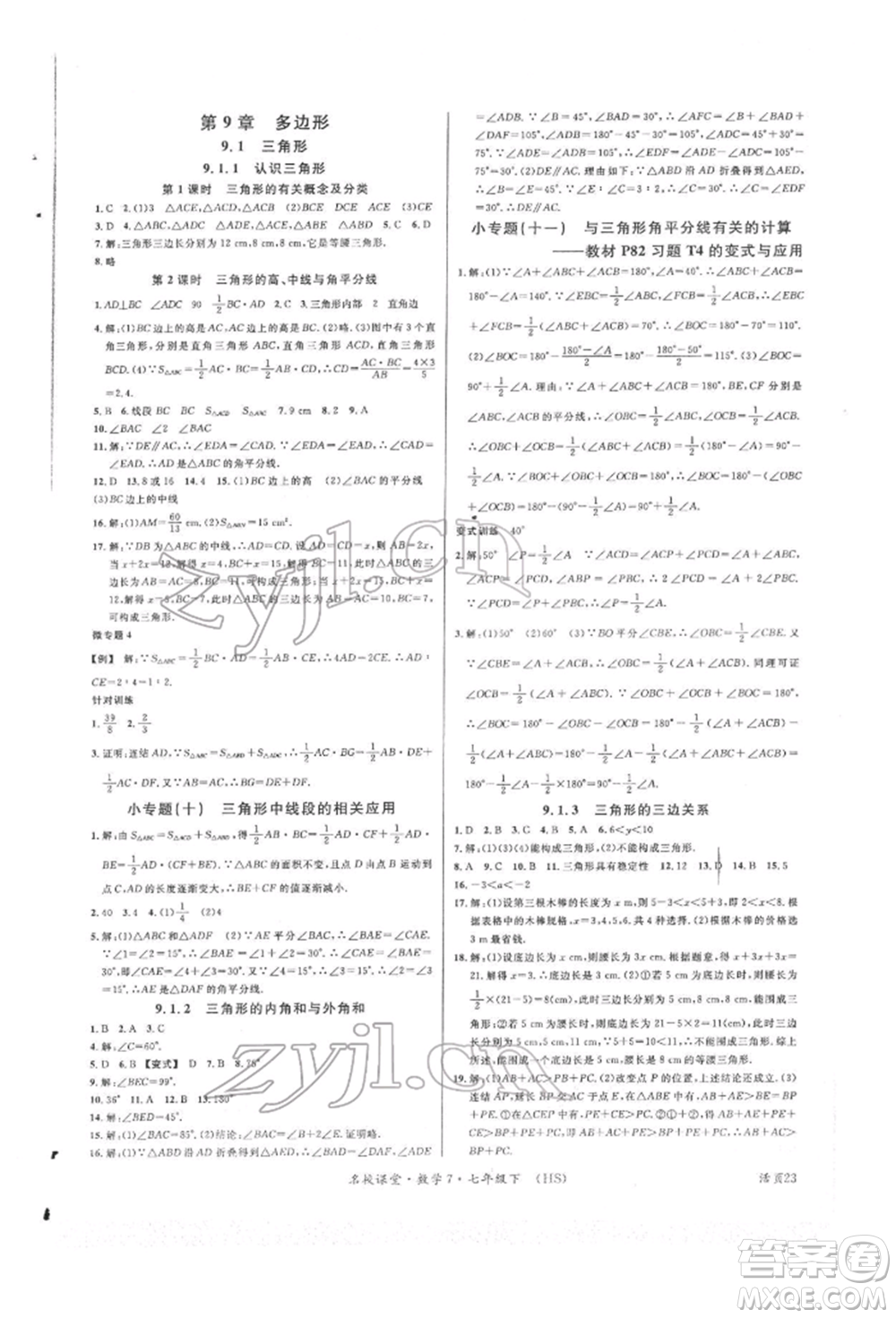 廣東經(jīng)濟出版社2022名校課堂七年級數(shù)學下冊華師大版參考答案