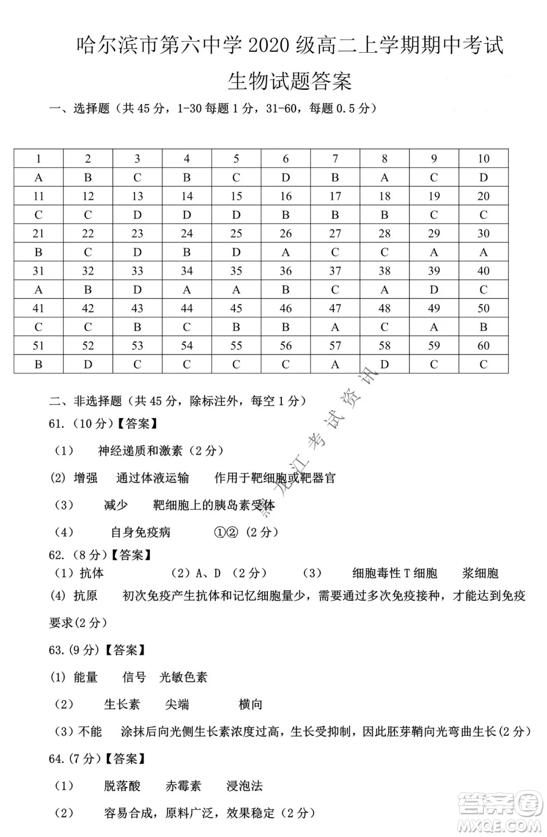 哈爾濱市第六中學(xué)校2020級上學(xué)期期末考試高二生物試題及答案