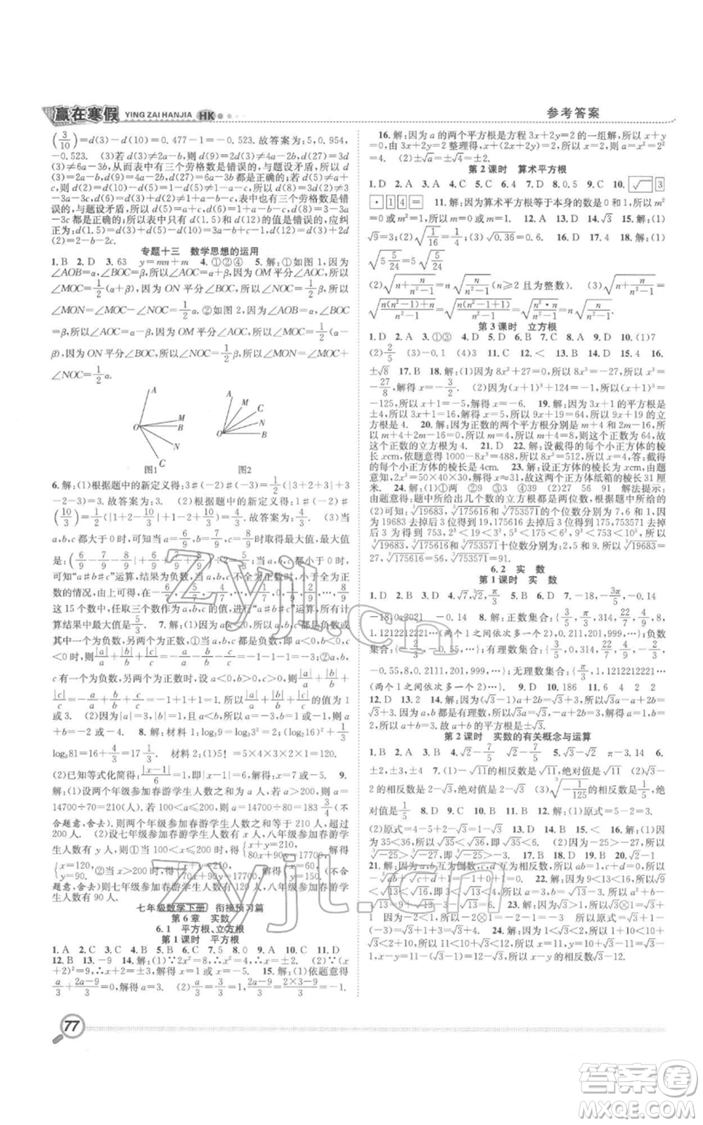 合肥工業(yè)大學(xué)出版社2022贏在寒假銜接教材七年級(jí)數(shù)學(xué)滬科版參考答案