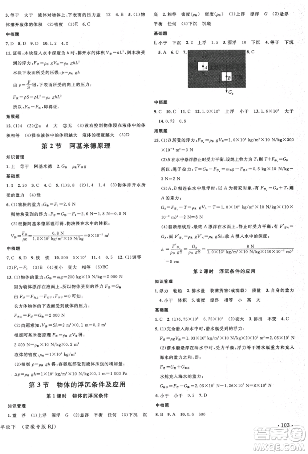 安徽師范大學(xué)出版社2022名校課堂八年級(jí)物理下冊(cè)人教版安徽專(zhuān)版參考答案