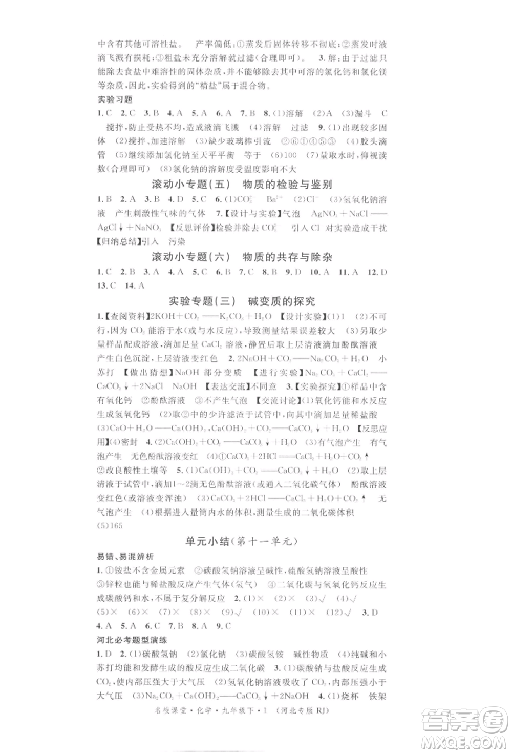 安徽師范大學(xué)出版社2022名校課堂背記手冊九年級化學(xué)下冊人教版河北專版參考答案