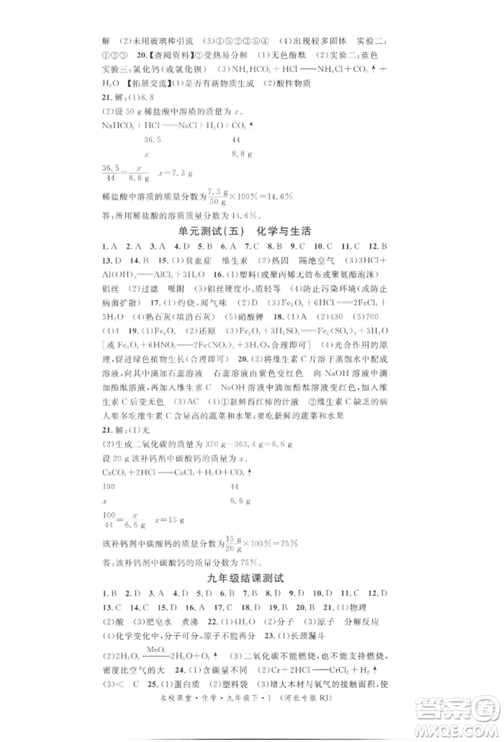 安徽師范大學(xué)出版社2022名校課堂背記手冊九年級化學(xué)下冊人教版河北專版參考答案