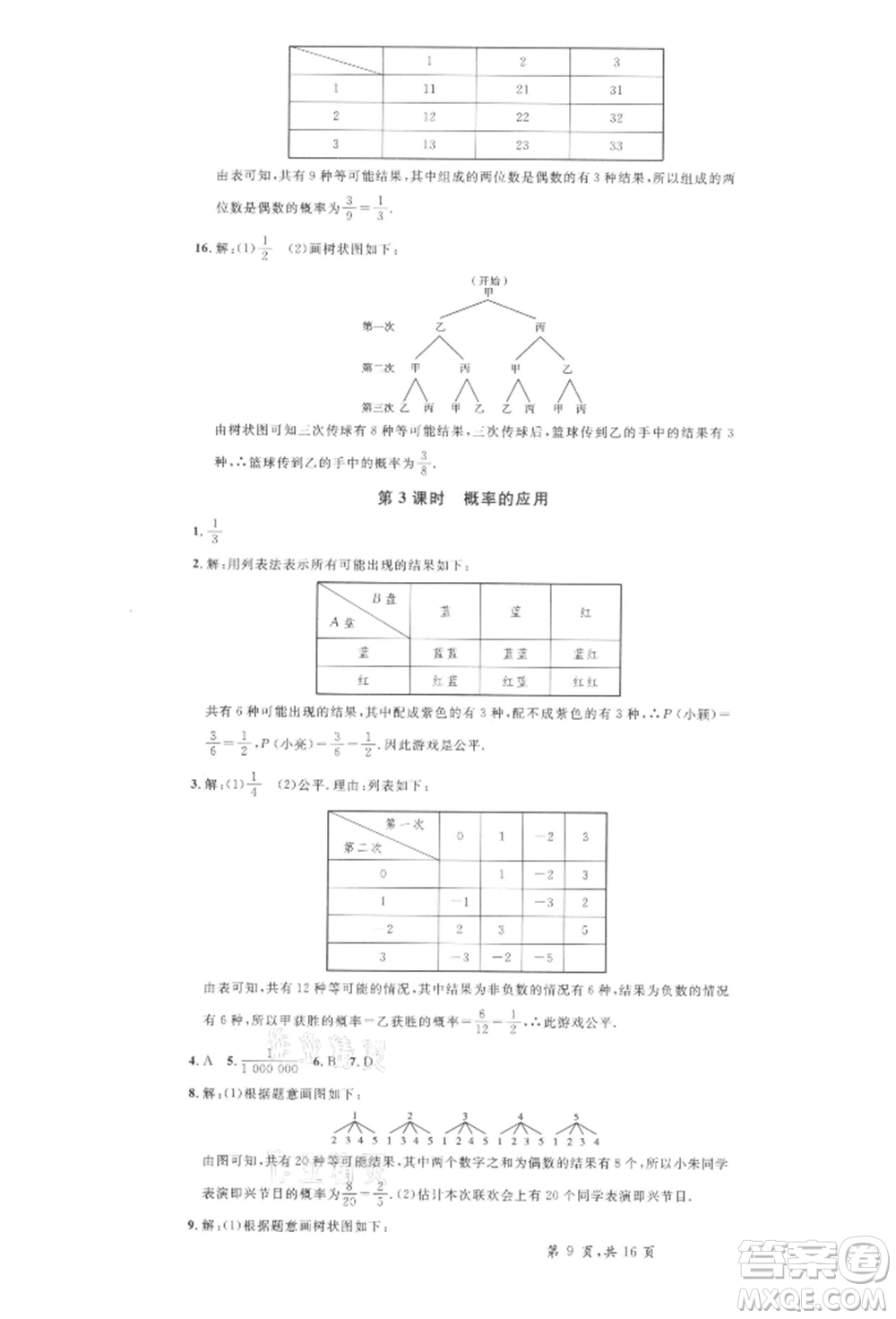 安徽師范大學(xué)出版社2022名校課堂九年級(jí)數(shù)學(xué)下冊(cè)滬科版安徽專版參考答案