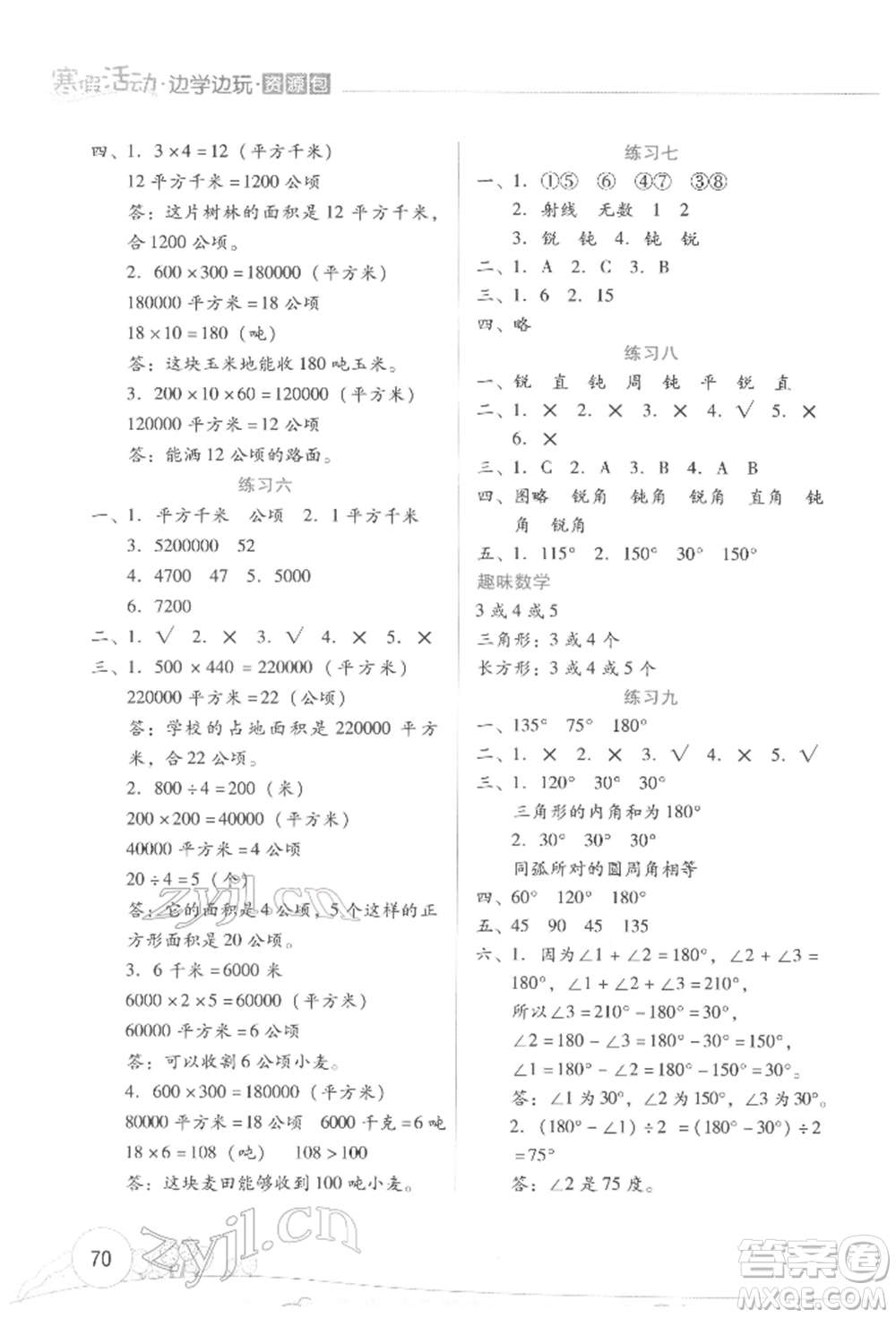 云南大學出版社2022寒假活動邊學邊玩資源包四年級數學通用版參考答案