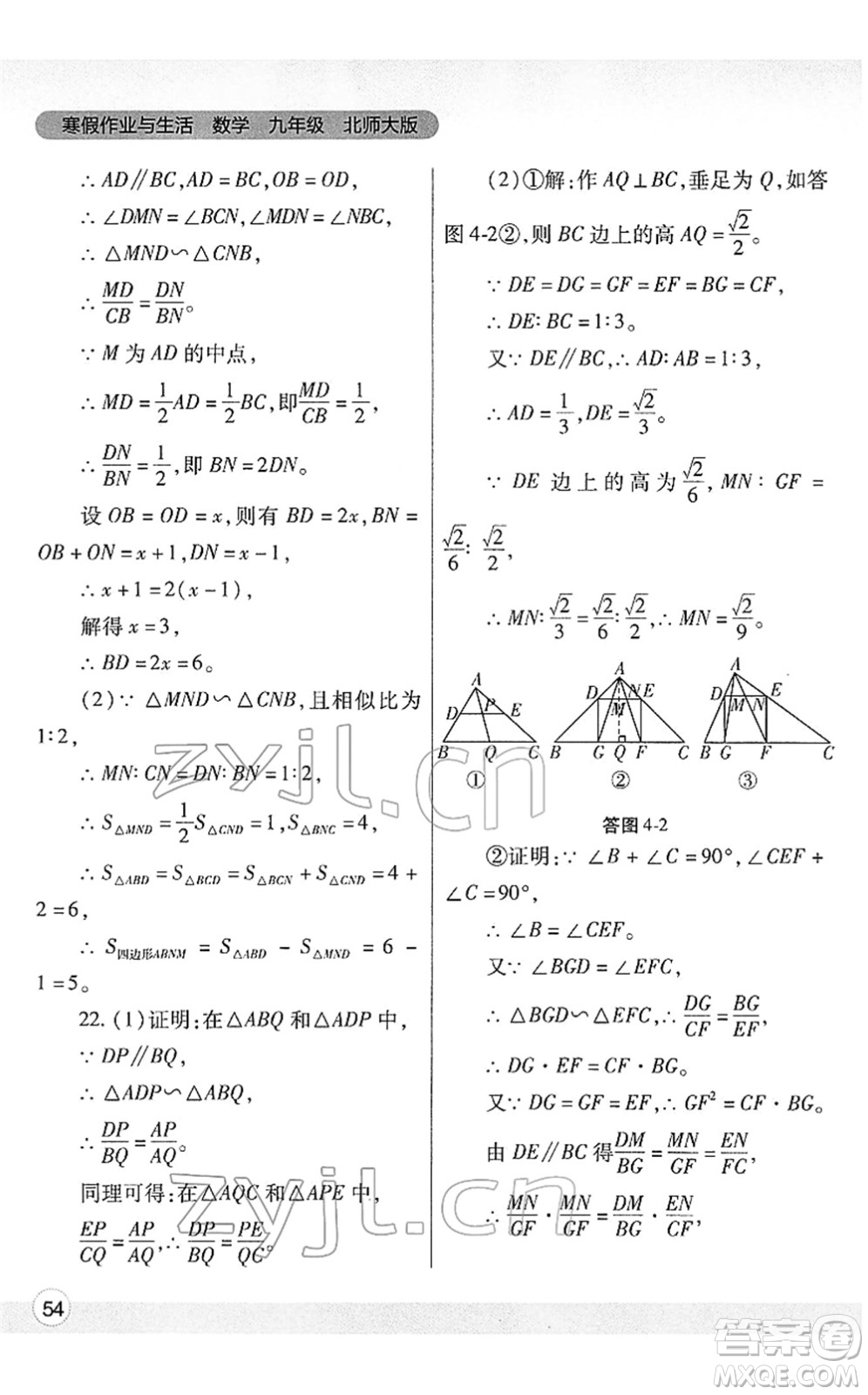 陜西師范大學出版總社2022寒假作業(yè)與生活九年級數(shù)學北師大版答案