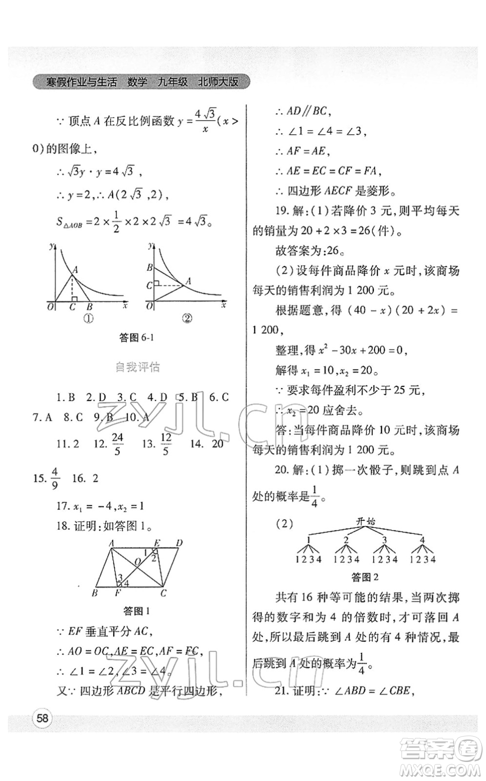 陜西師范大學出版總社2022寒假作業(yè)與生活九年級數(shù)學北師大版答案