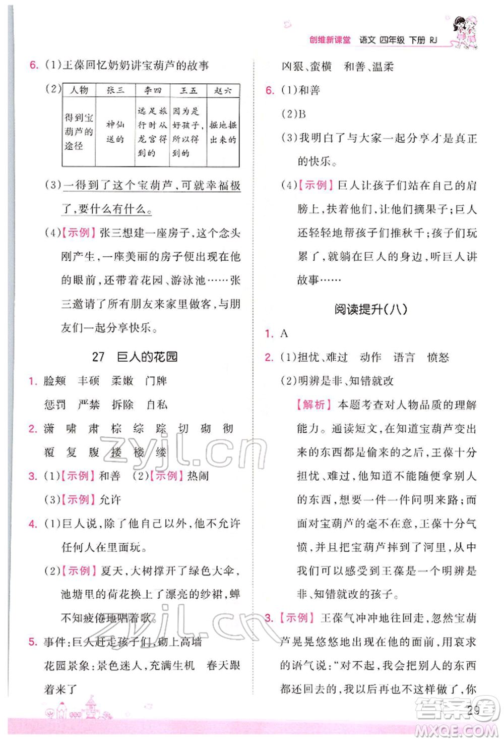 江西人民出版社2022王朝霞創(chuàng)維新課堂同步優(yōu)化訓(xùn)練四年級(jí)下冊(cè)語(yǔ)文人教版參考答案