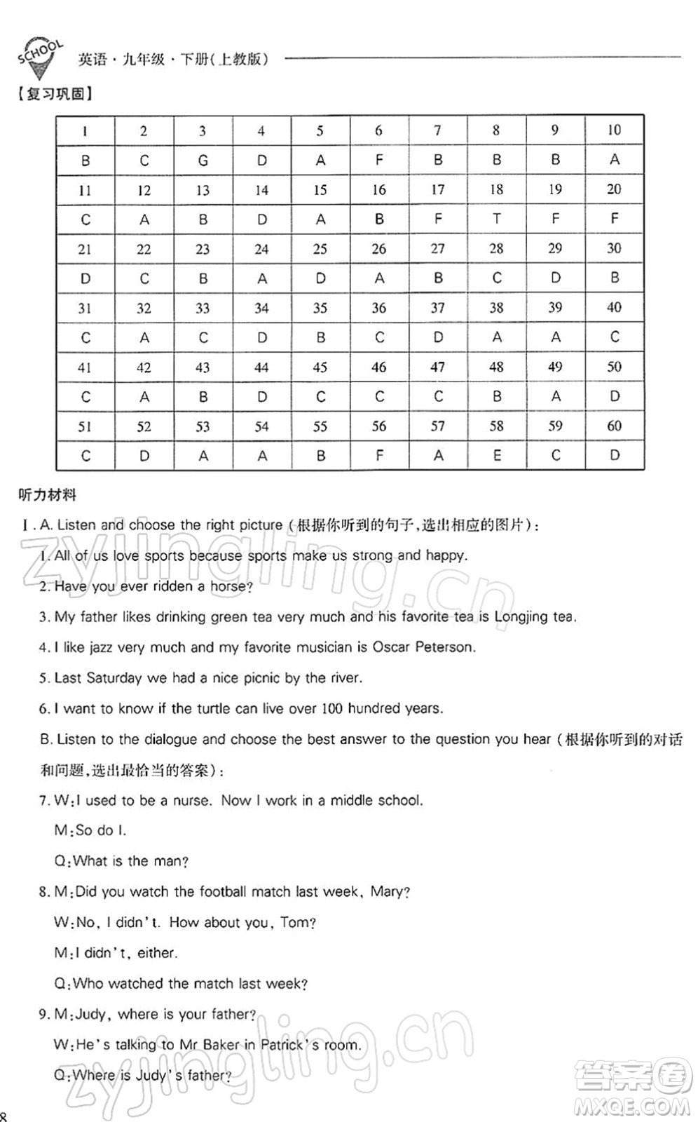 山西教育出版社2022新課程問題解決導(dǎo)學(xué)方案九年級英語下冊上教版答案