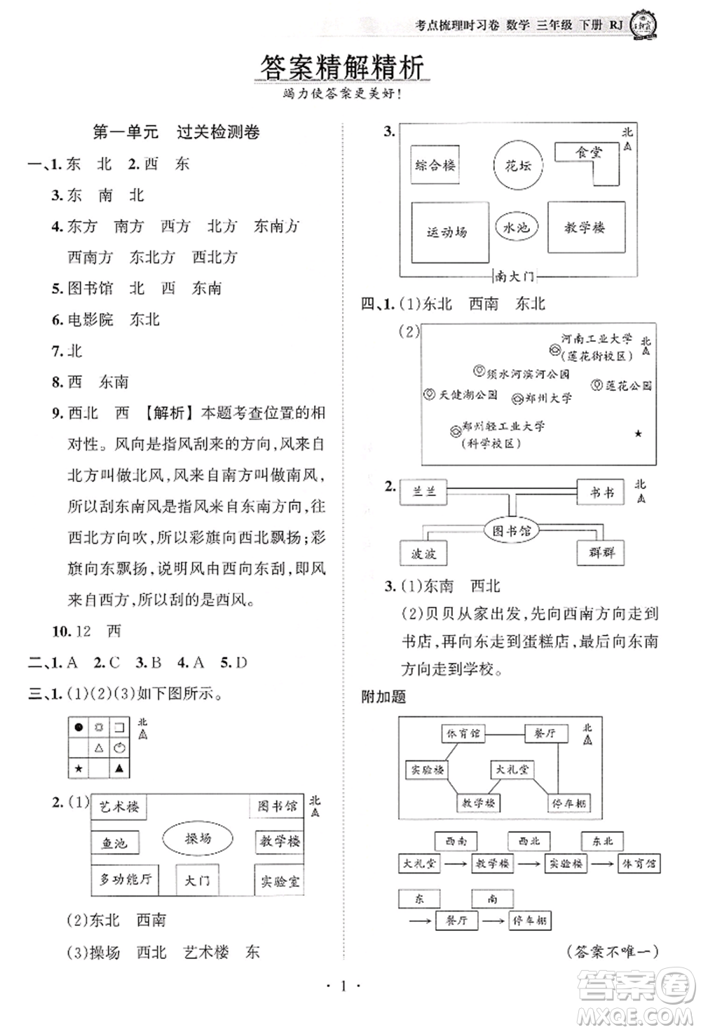 江西人民出版社2022王朝霞考點梳理時習(xí)卷三年級數(shù)學(xué)下冊人教版參考答案