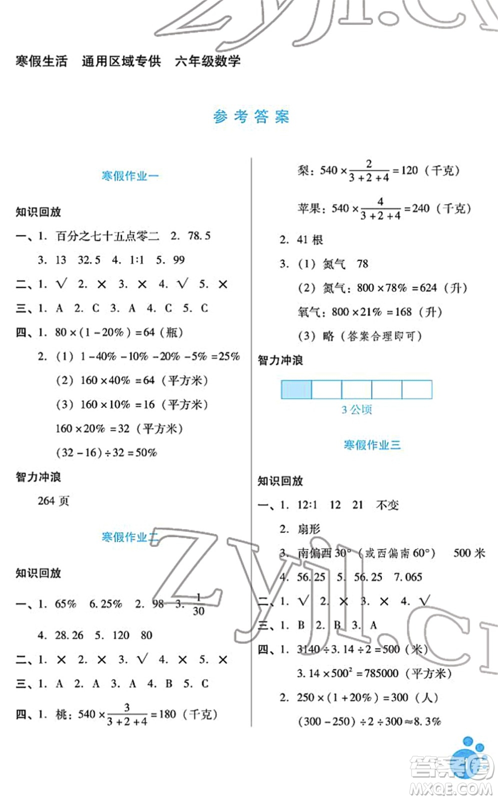 河北少年兒童出版社2022寒假生活六年級數(shù)學通用版答案