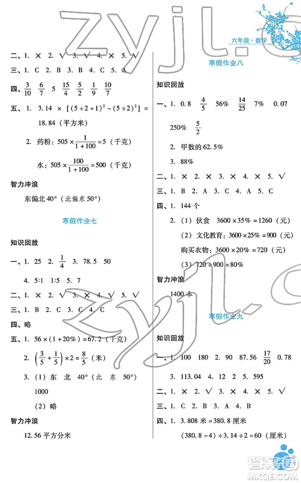 河北少年兒童出版社2022寒假生活六年級數(shù)學通用版答案