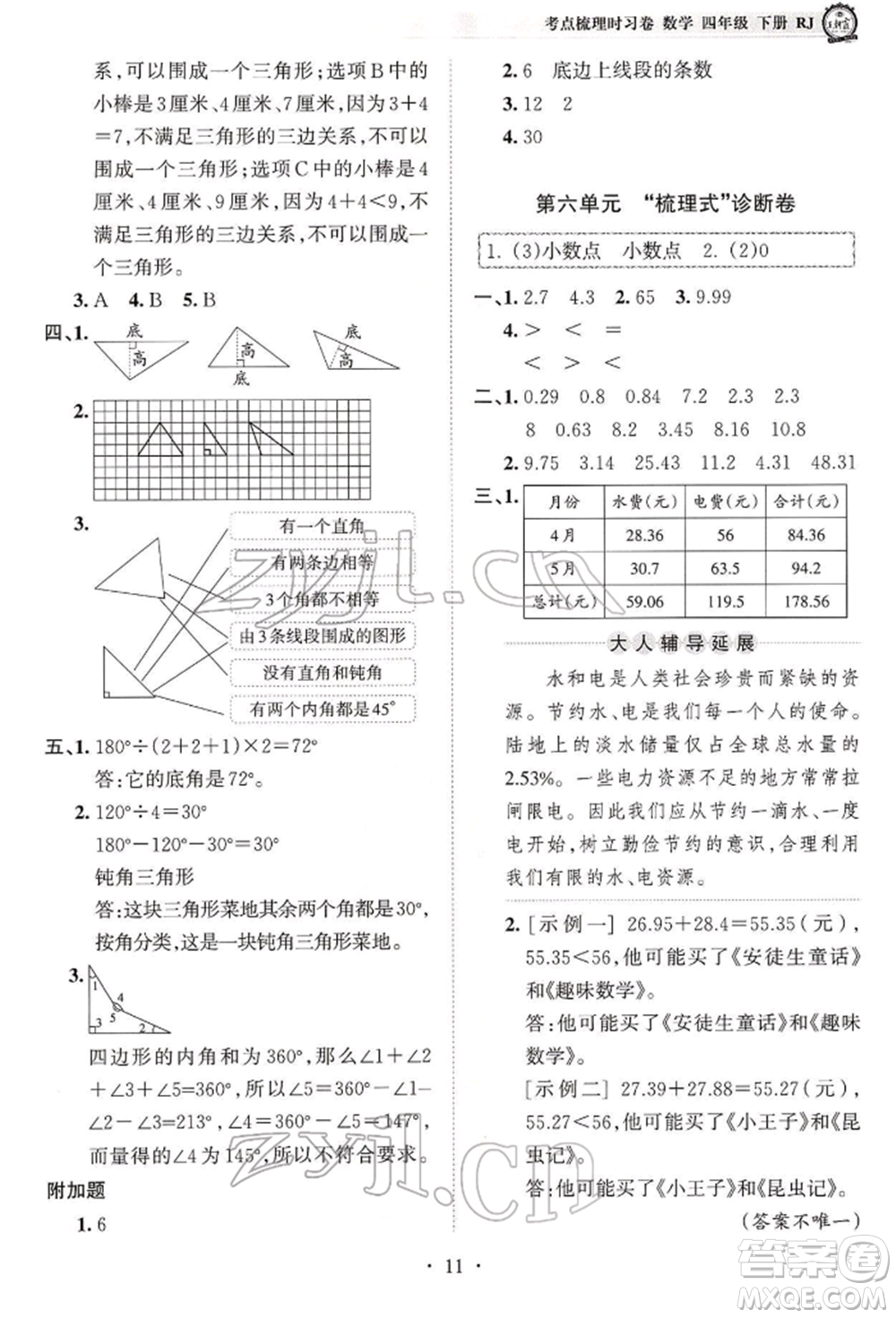 江西人民出版社2022王朝霞考點梳理時習(xí)卷四年級數(shù)學(xué)下冊人教版參考答案