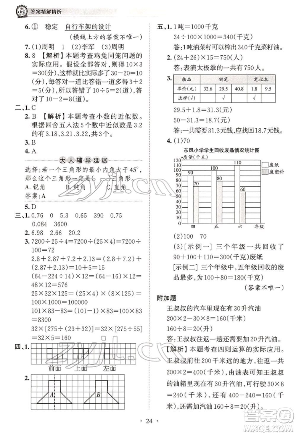 江西人民出版社2022王朝霞考點梳理時習(xí)卷四年級數(shù)學(xué)下冊人教版參考答案